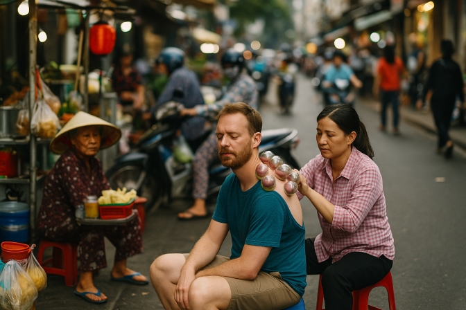 Khách Tây Trải Nghiệm Giác Hơi Trên Vỉa Hè TP HCM